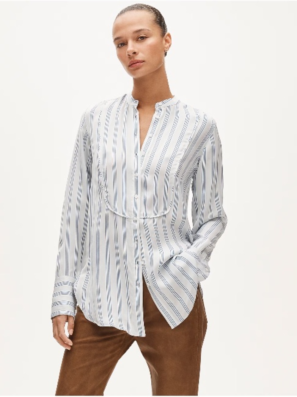 J. Crew White and Blue Striped Band-Collar Button-Up Blouse